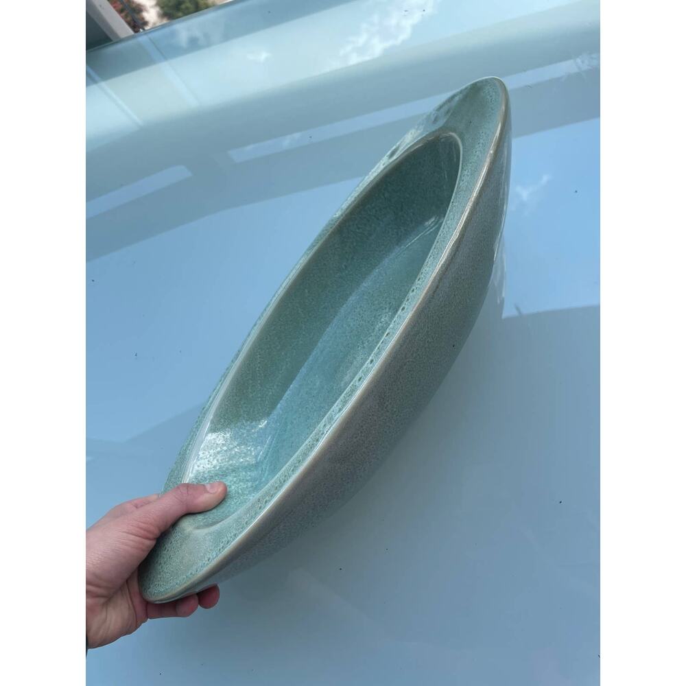 Handmade light green turquoise hand made oval shallow glazed ceramic bowl dish - Picture 2 of 4